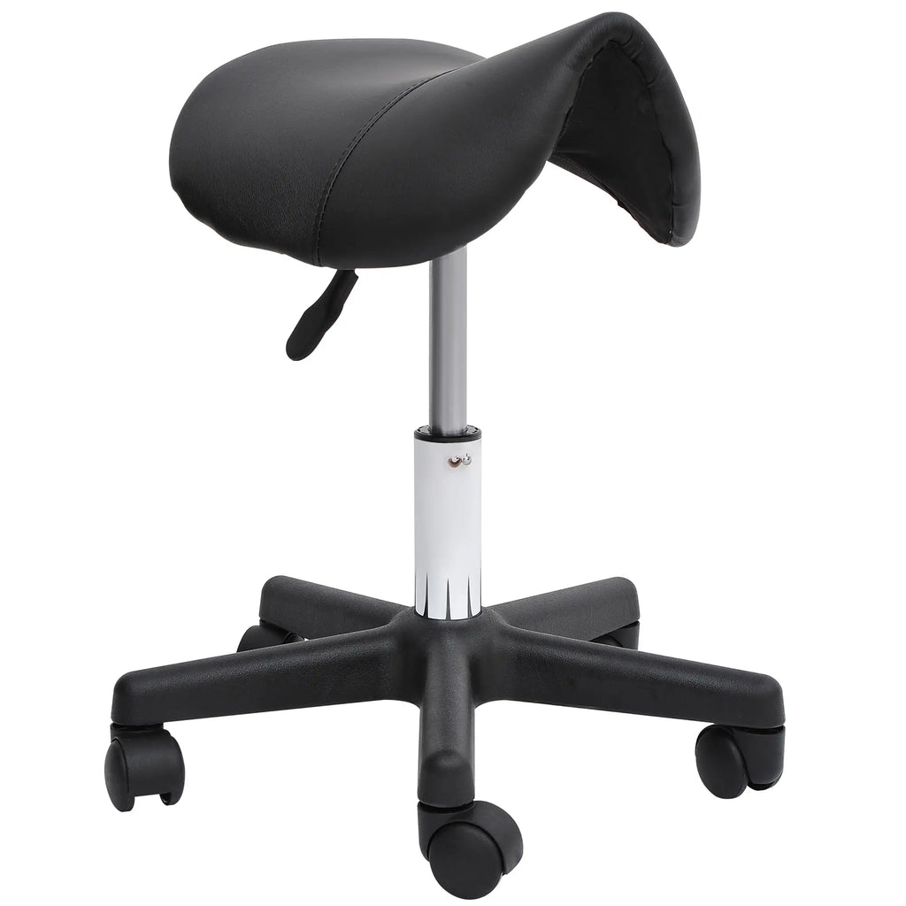 Swivel Saddle Stool with Wheels and Adjustable Height, Padded and Covered in Faux Leather, Black
