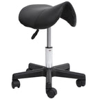 Swivel Saddle Stool with Wheels and Adjustable Height, Padded and Covered in Faux Leather, Black