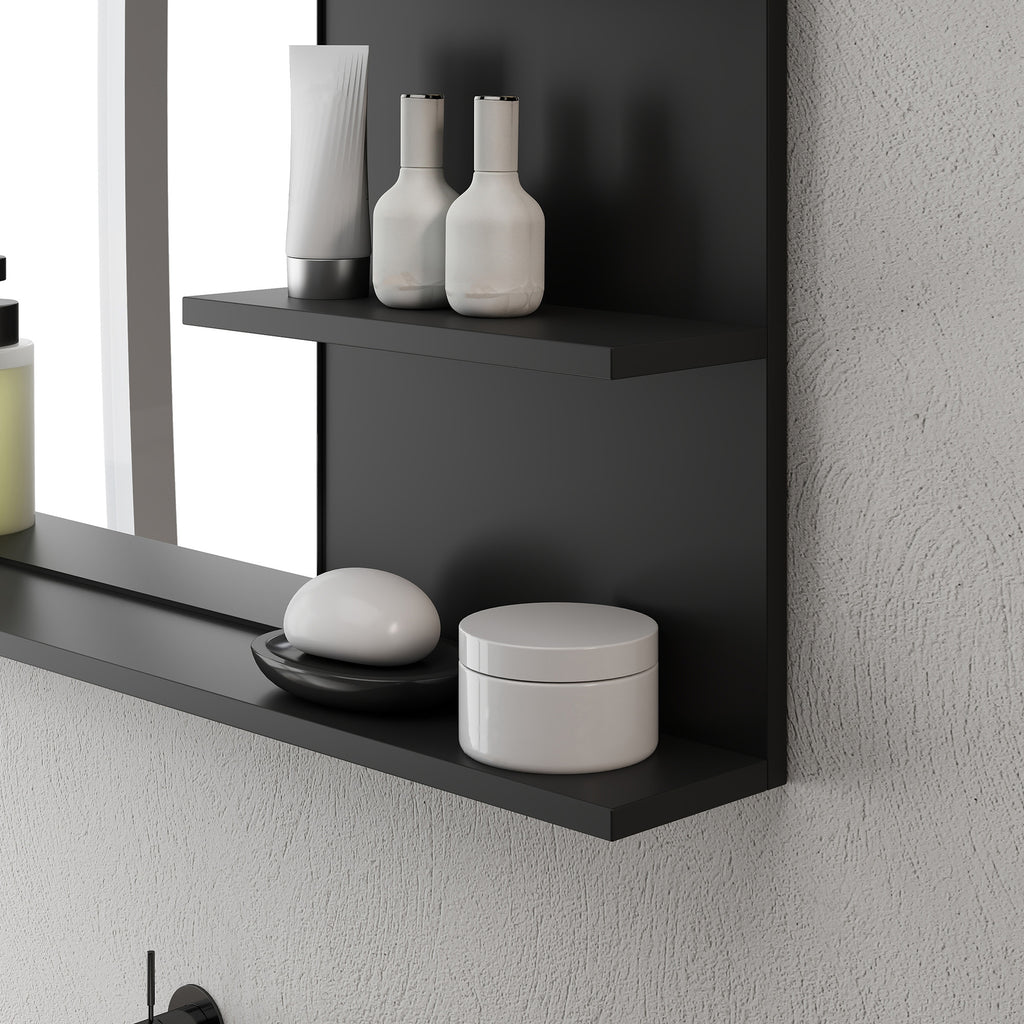 Modern Bathroom Mirror with 2 Side Shelves and Bottom Shelf, in Wood and Glass, 75x10x48 cm, Black