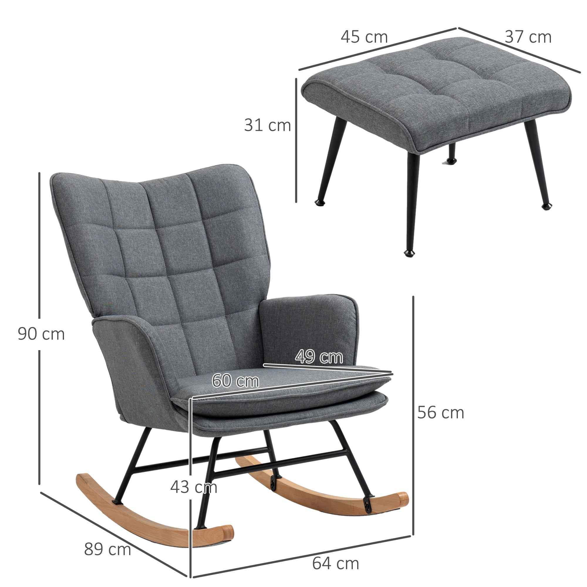 HOMCOM Rocking Chair with Ottoman in Linen and Wood Effect Fabric with Cushion, Armrests, 130 kg Capacity, Grey