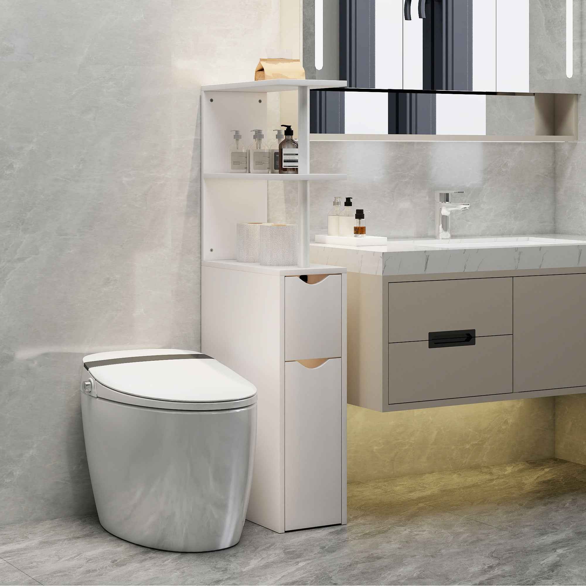 HOMCOM Space-Saving Bathroom Column with 2 Drawers and Open Shelves, 20x45x115 cm, White