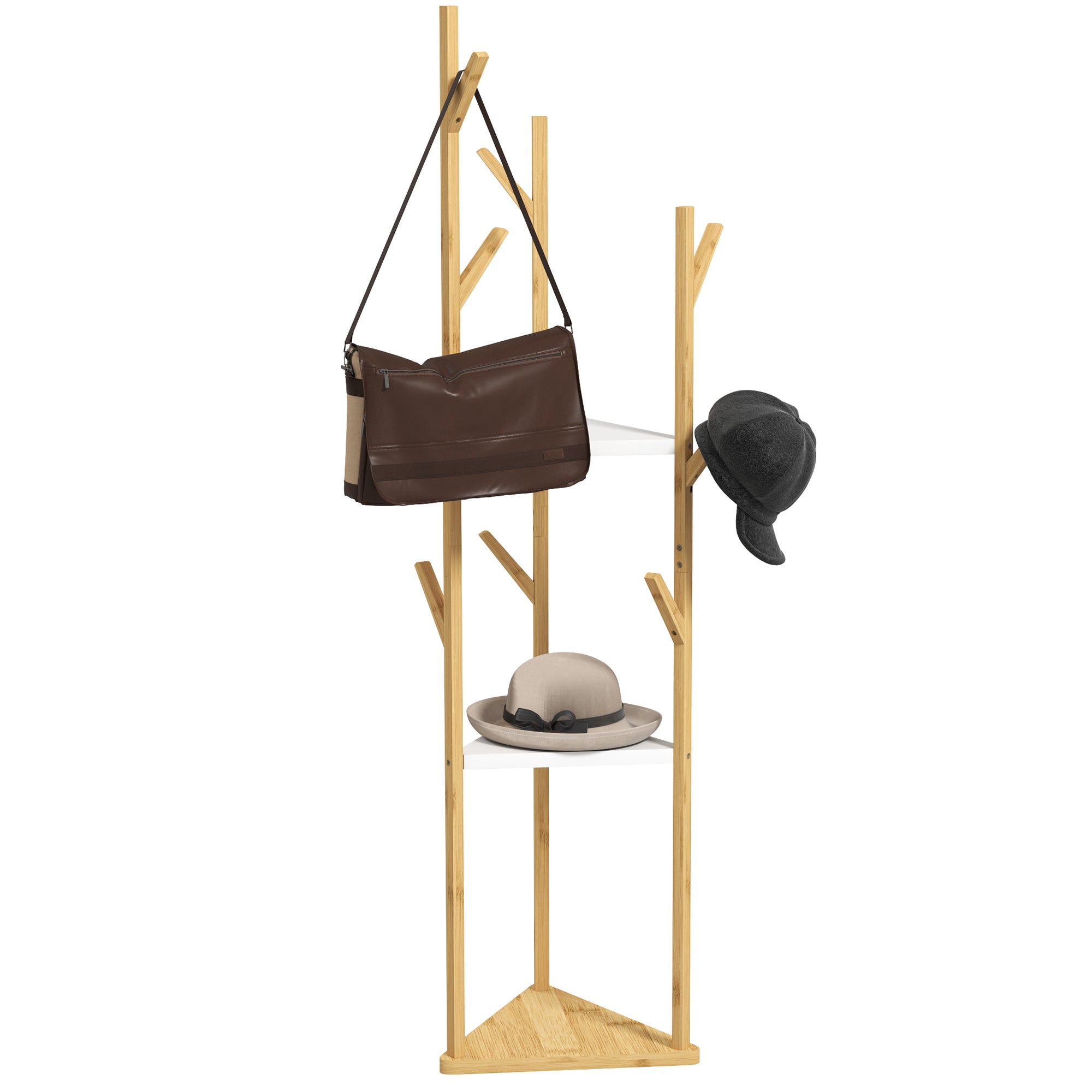 Tree Clothes Hanger in Bamboo with 8 Hooks and 3 Shelves, Natural Wood and White