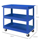 DURHAND 3-Tier Steel Tool Cart with High Edges and 4 Swivel Wheels, 83x35.3x76 cm, Blue