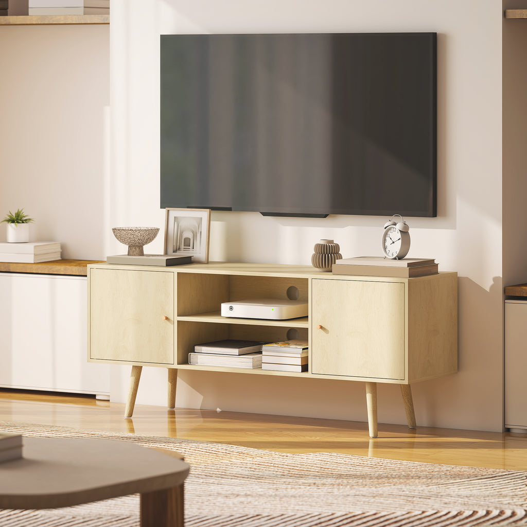 HOMCOM 55" Max TV Stand with 2 Cabinets and 2 Open Shelves, in Wood and Chipboard, 120x34x50 cm, Wood Color