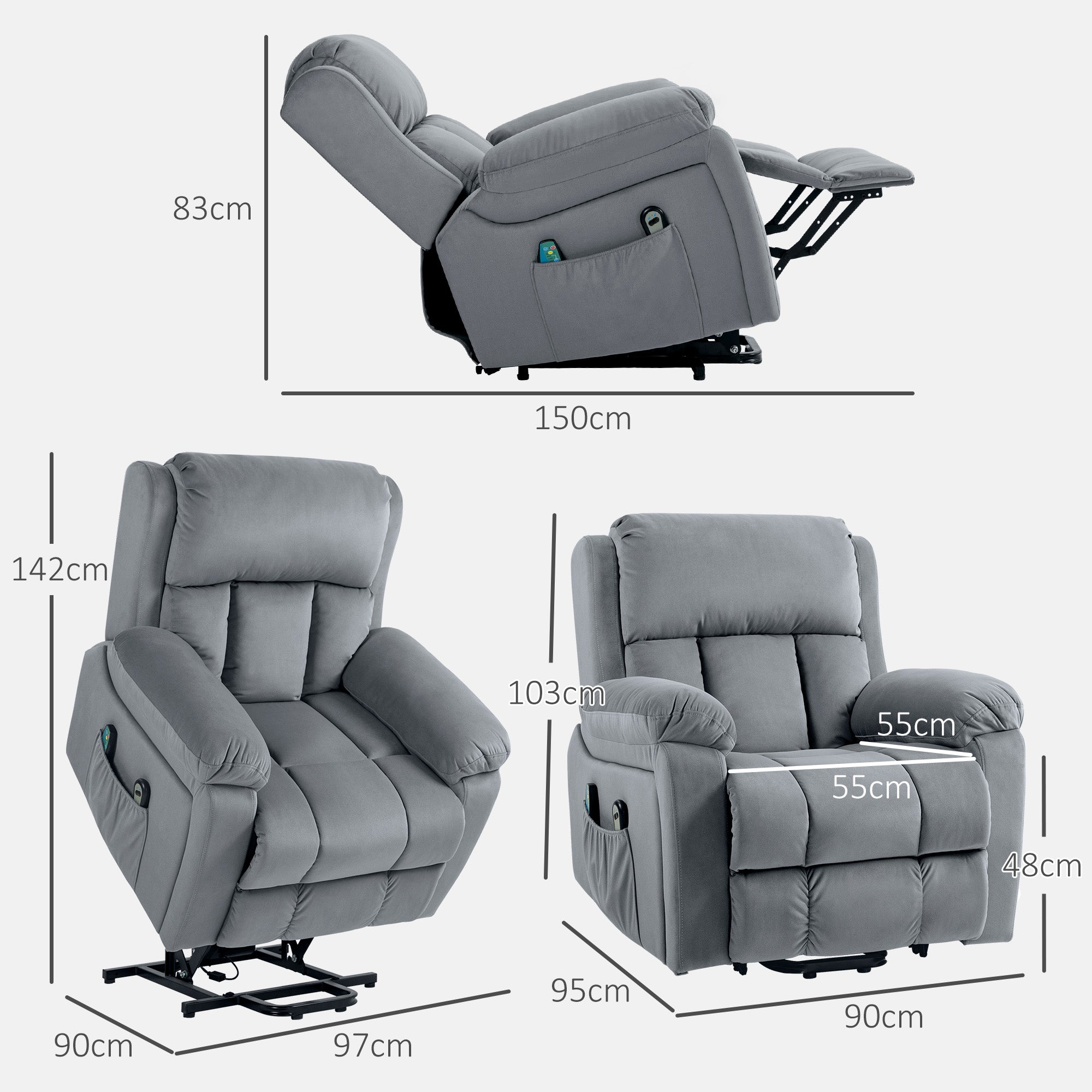Lifting Armchair with 8 Massage Points and Storage Pocket, in Faux Leather and Steel, 90x95x103 cm, Grey