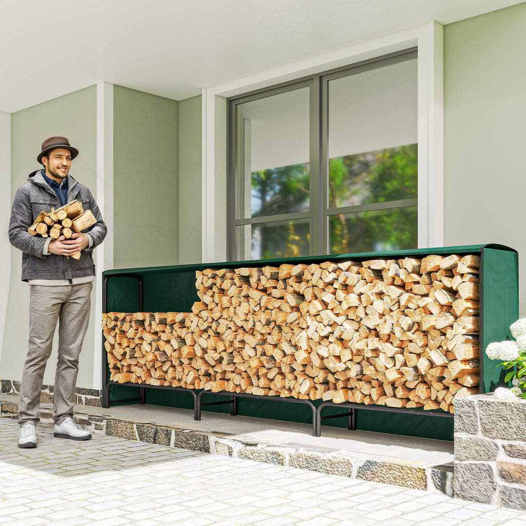 1m³ Adjustable Firewood Rack with Waterproof PE Tarpaulin, Metal, 300x36x99cm, Black and Dark Green
