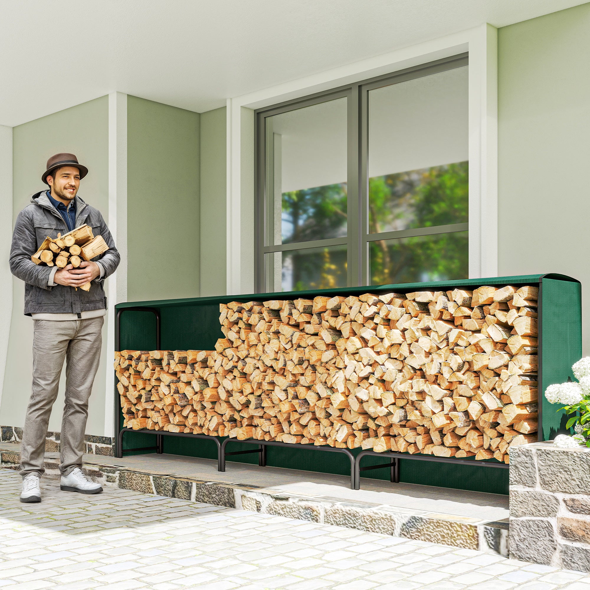 1m³ Adjustable Firewood Rack with Waterproof PE Tarpaulin, Metal, 300x36x99cm, Black and Dark Green