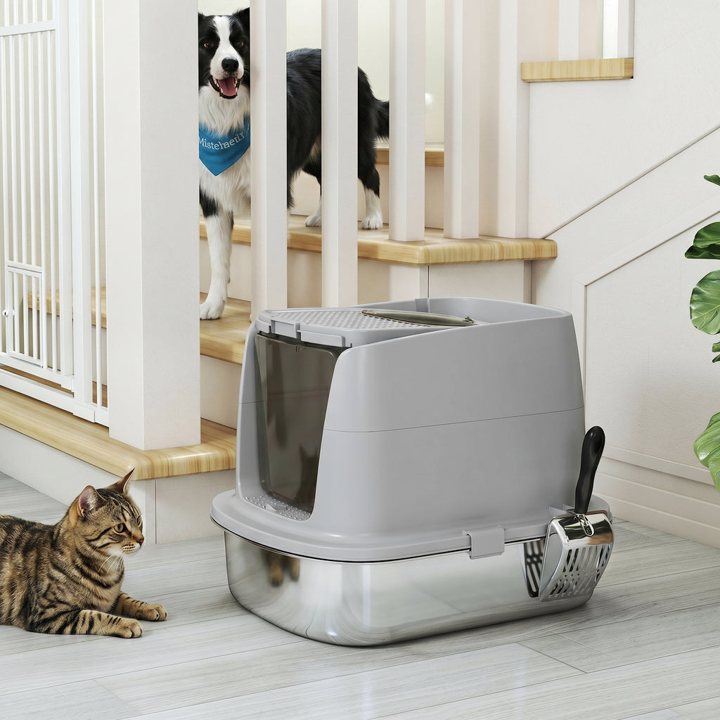 PawHut Stainless Steel Enclosed Cat Litter Box with Flip Lid, Double Door, Scoop, Light Grey