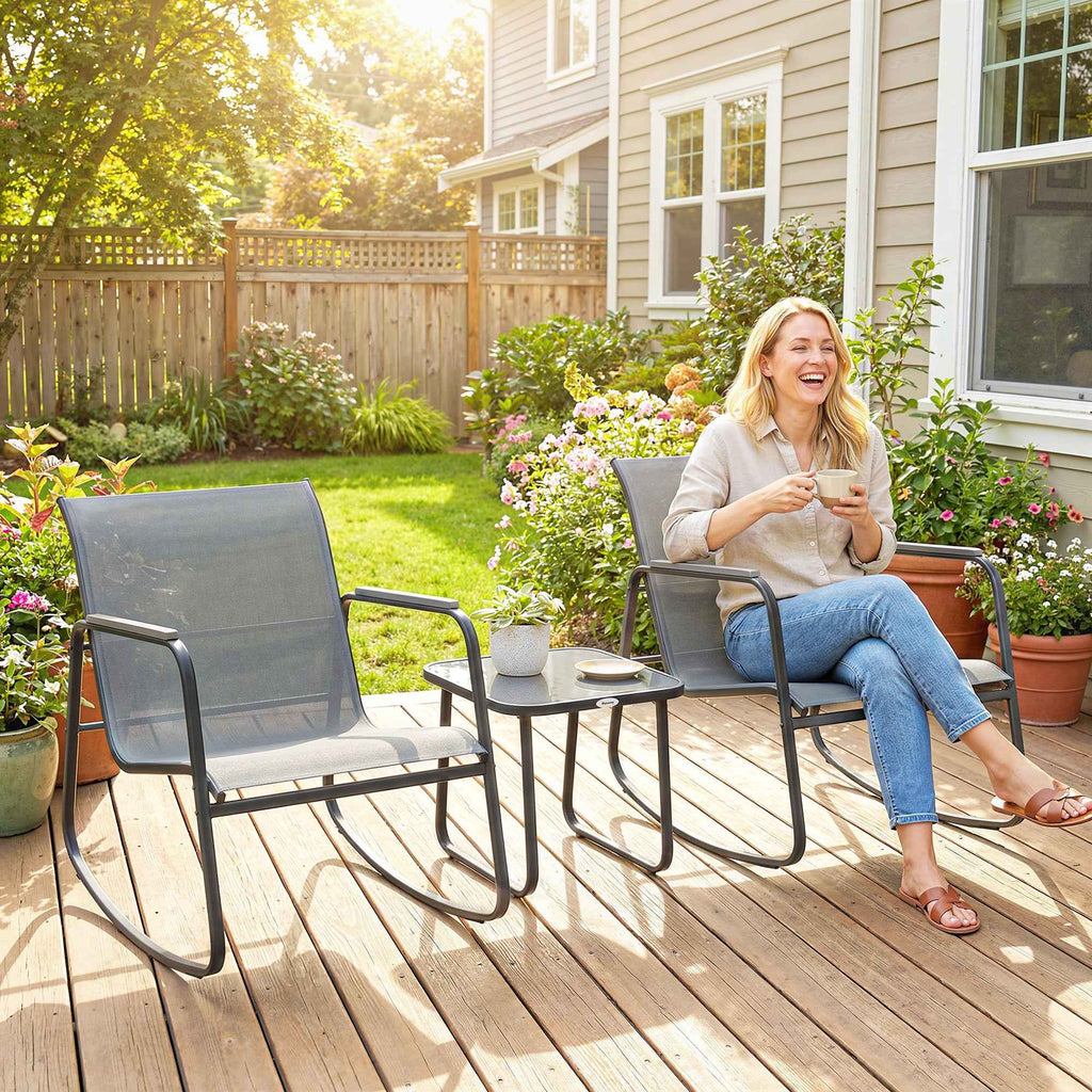 Outsunny 3-Piece Steel Outdoor Set with 2 Breathable Rocking Chairs and Glass-Top Coffee Table, Grey and Black