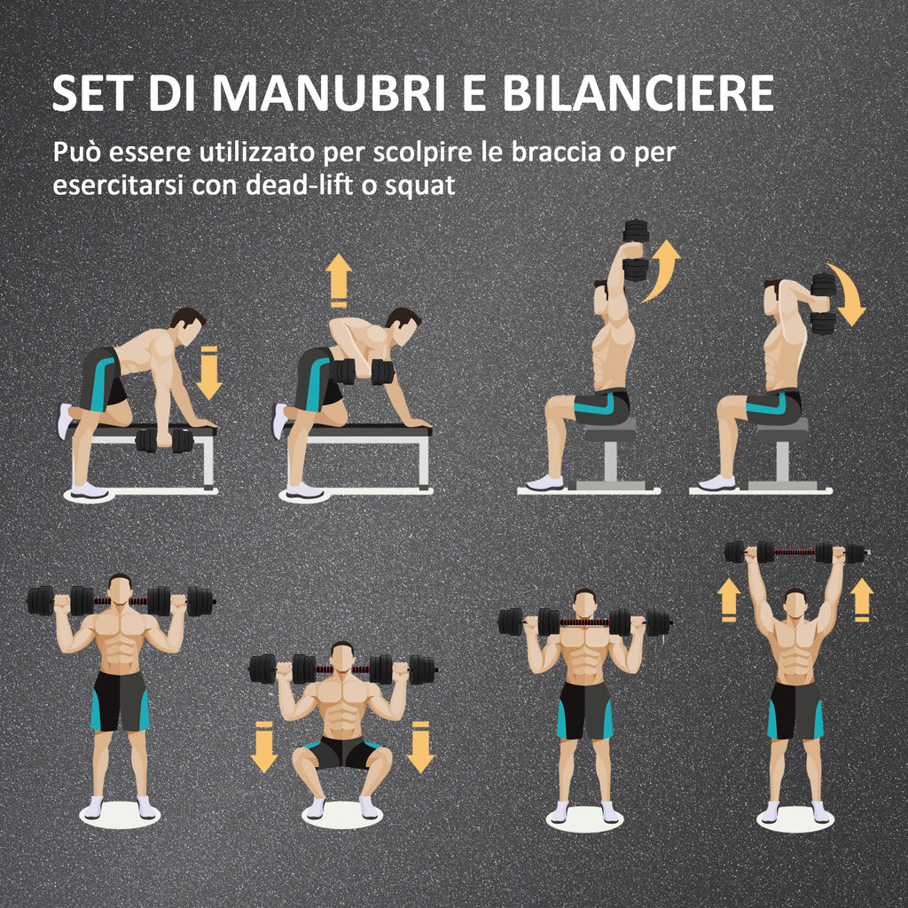 Set of 2 Non-Slip Dumbbells with 16 Weight Discs of 30 kg Total and Connector, in Steel, HDPE and Sand, Black