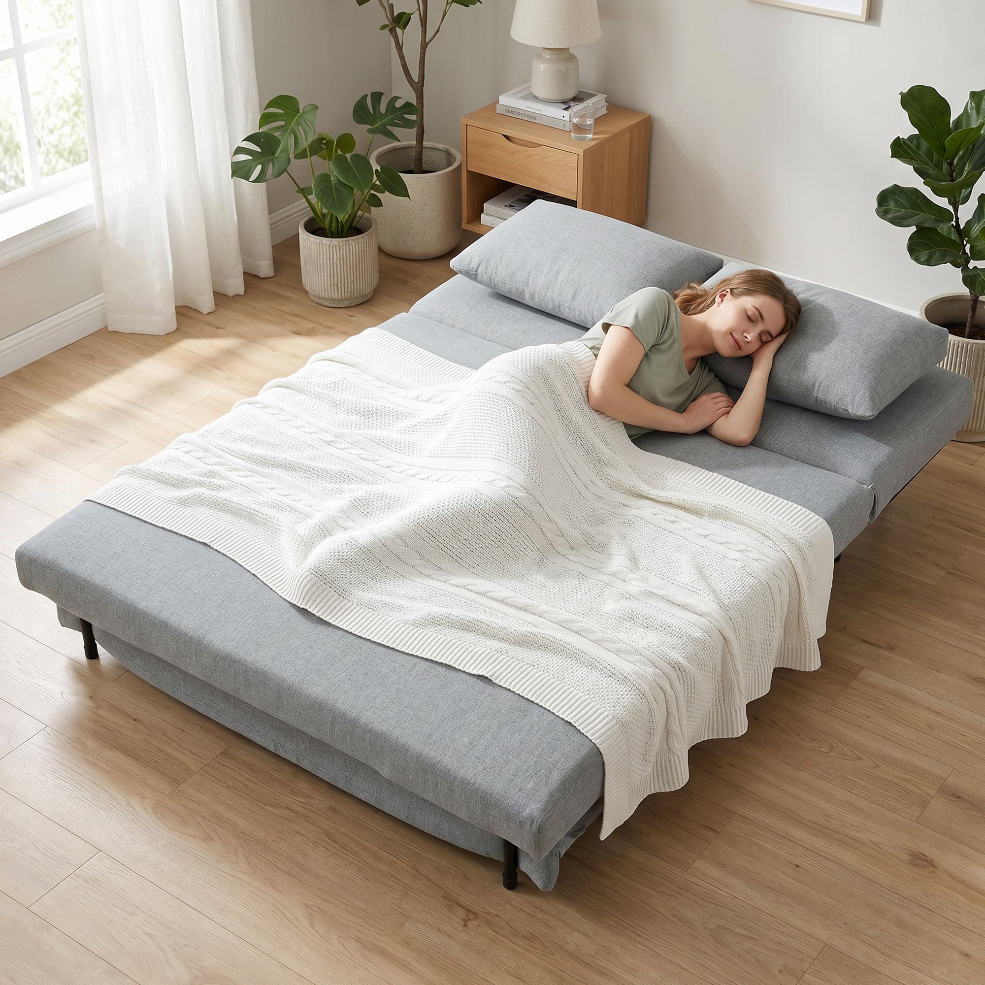 HOMCOM 3-in-1 2-Seater Sofa Bed in Linen Effect Fabric with 2 Cushions, Wood and Steel Frame, Light Grey