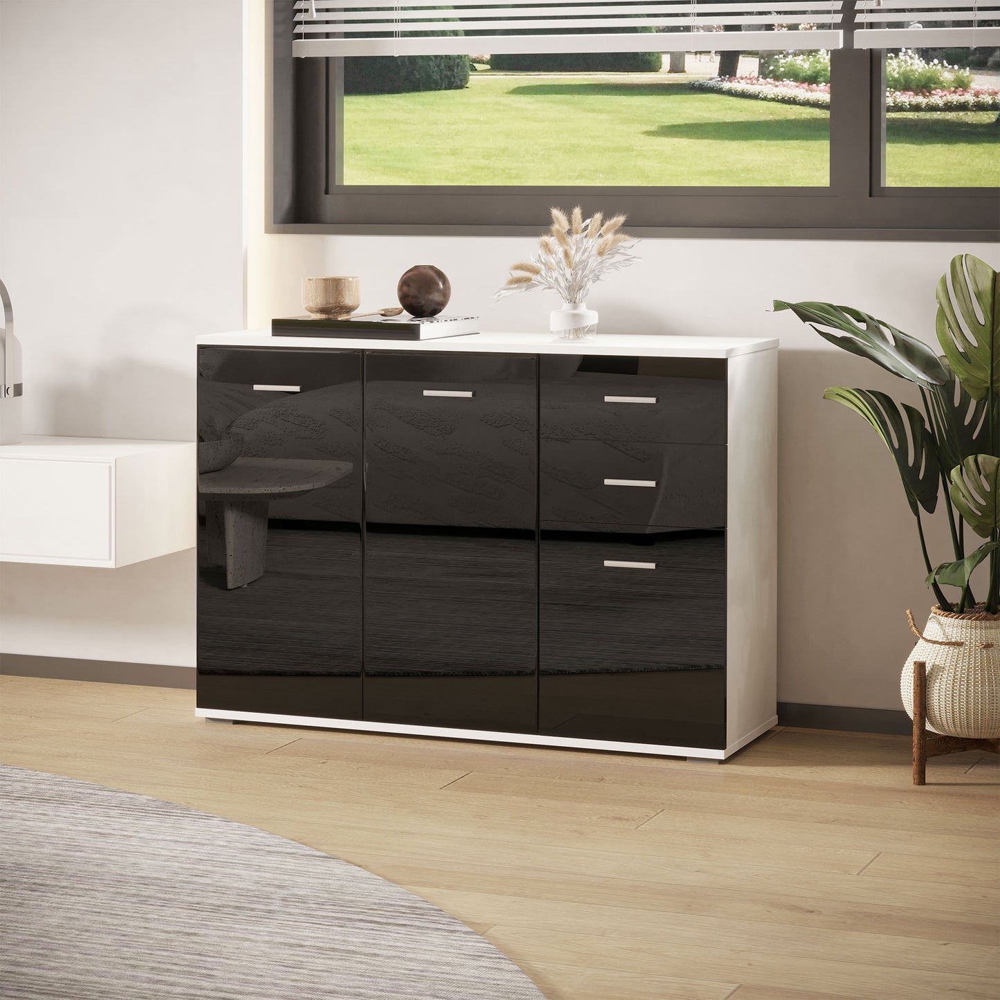 Chest of Drawers, Living Room and Bedroom Cabinet with 3 Doors and 2 Drawers, Glossy Black, Scratch-Resistant (106 x 35 x 76 cm)