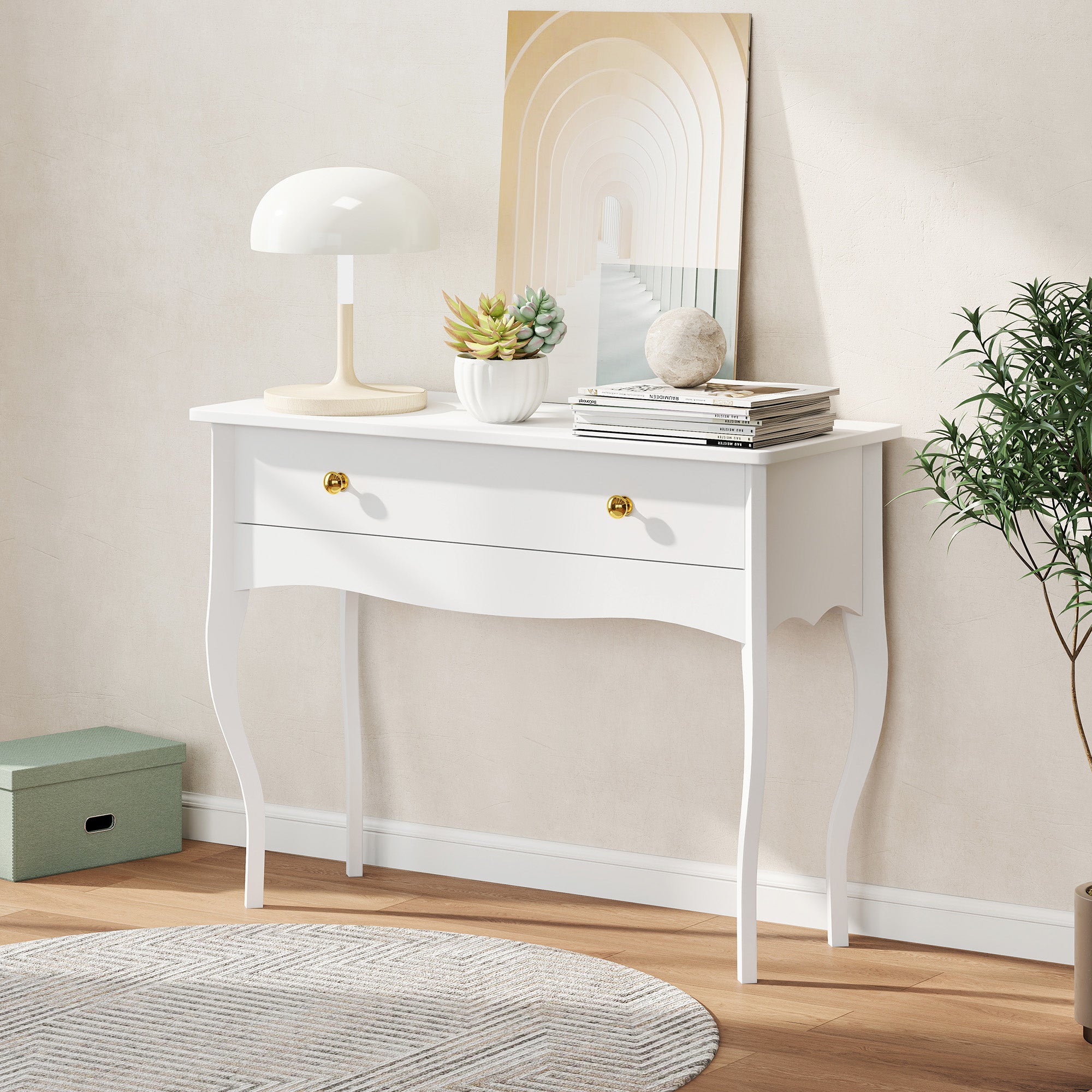 Dressing Table and Console Table for Entrance Hall with Large Wooden Drawer, 100x40x74 cm, White