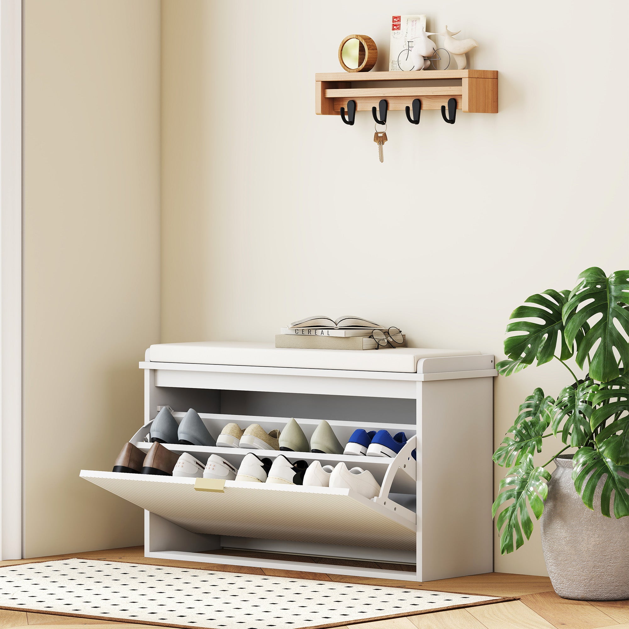 Shoe Bench with Internal Shelf, in Wood and Linen Effect Fabric, 80x26x47.5 cm, White and Beige