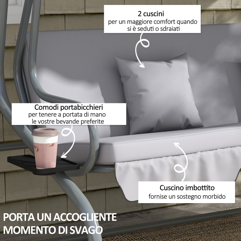 Swing Garden Bed with Adjustable Canopy and Trays, in Steel and Polyester, 200x120x164 cm, Gray - Borgè