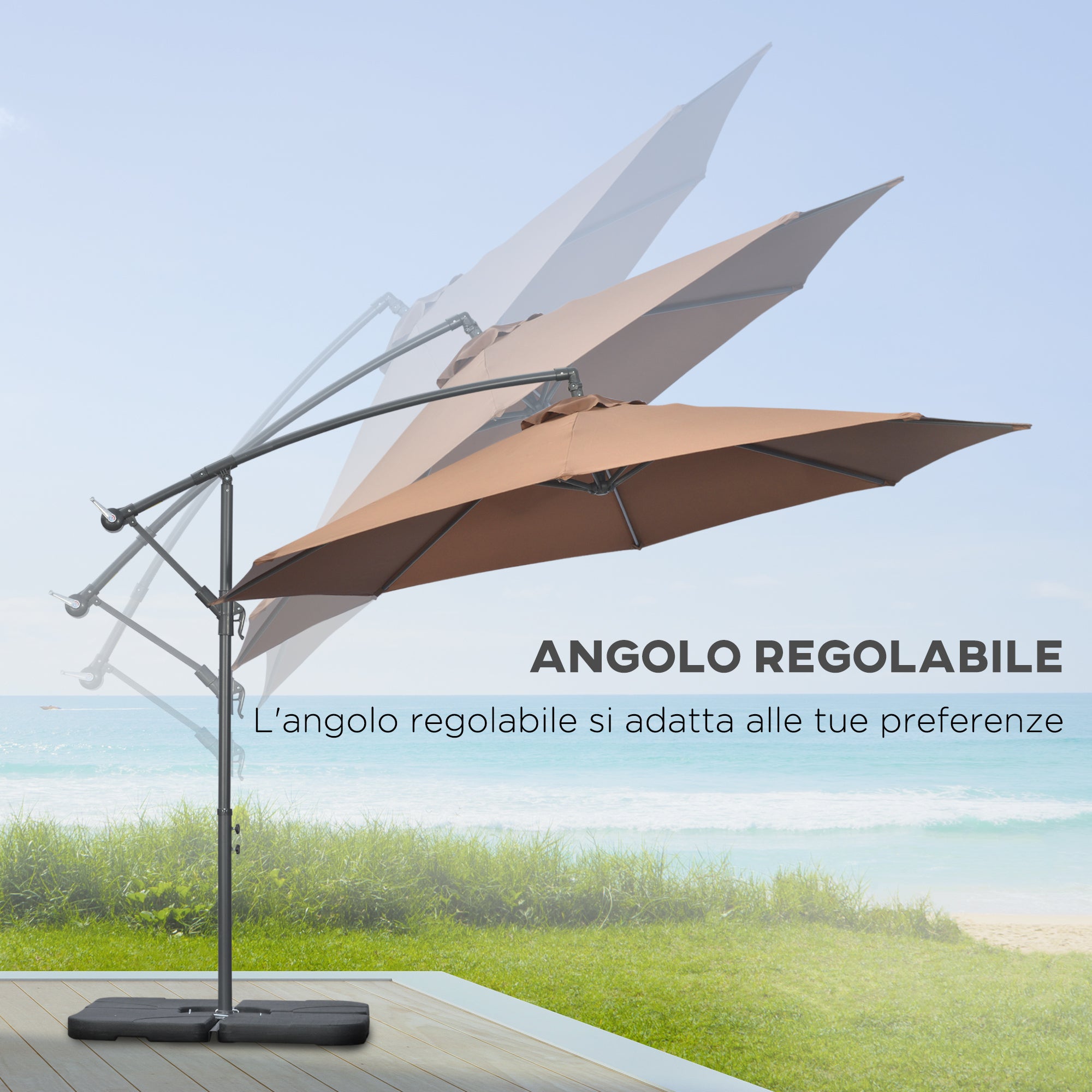Decentralized Umbrella with 6 Ribs with Crank and Cross Base, in Metal and Polyester, Ø292x247 cm, Coffee