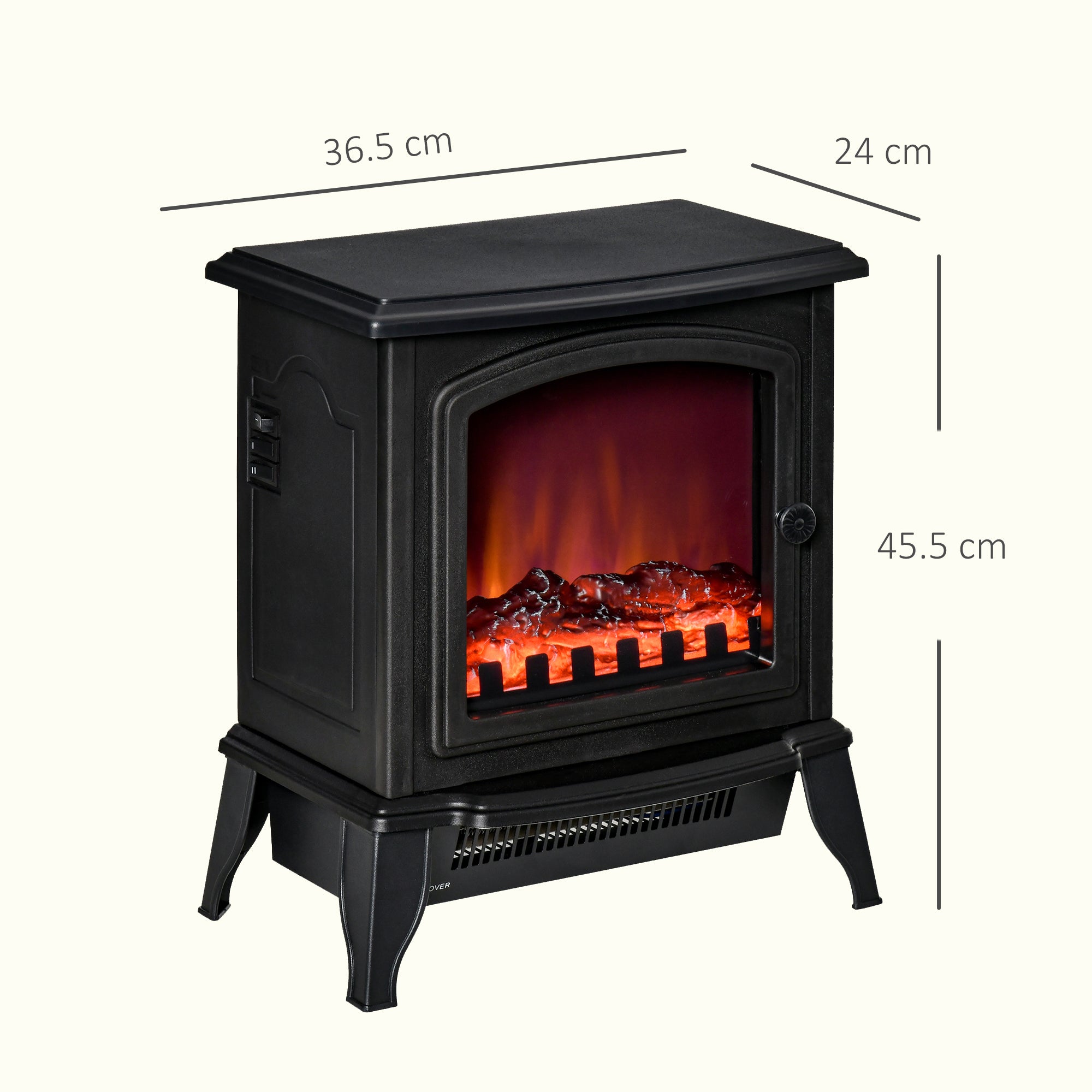 Portable Electric Fireplace 1000W/2000W with Flame Effect, ABS and Tempered Glass, 36.5x24x45.5 cm, Black