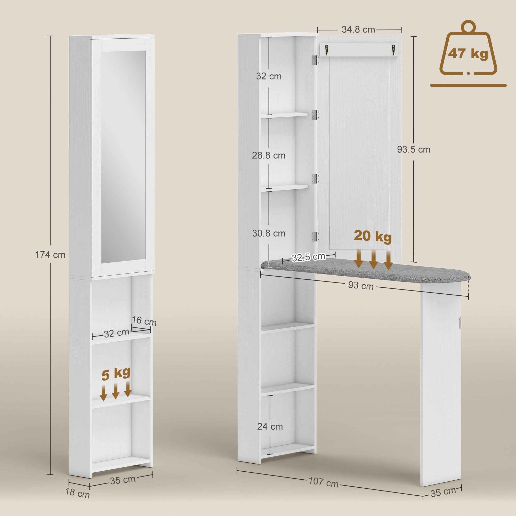HOMCOM 6-Tier Folding Ironing Board with Mirror and 2 Hooks, Made of Wood and Polyester, 107x35x174 cm, White