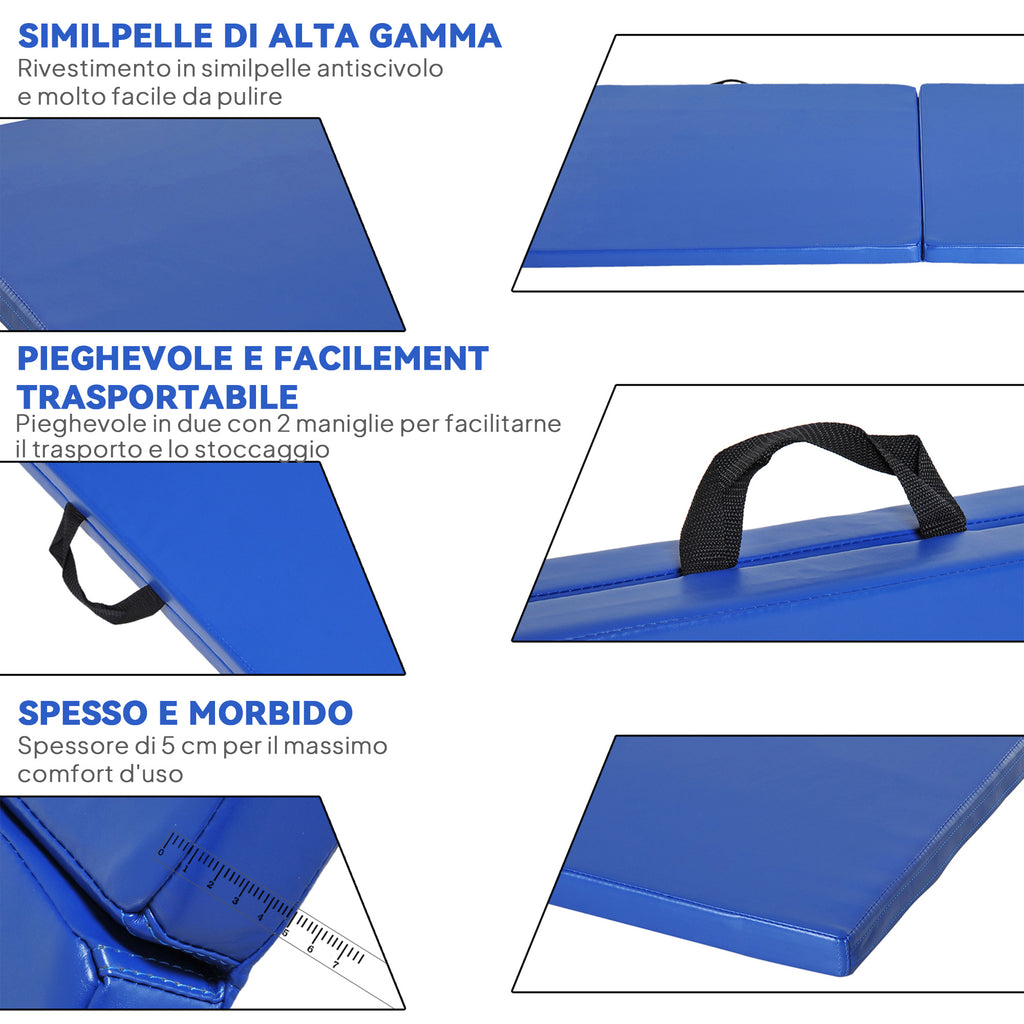 Foldable Gymnastics Mat, 5cm Thick and Non-Slip Fitness Mat, 180x60x5cm, Blue