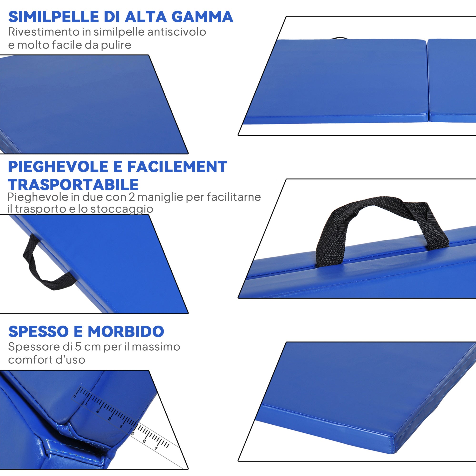 Foldable Gymnastics Mat, 5cm Thick and Non-Slip Fitness Mat, 180x60x5cm, Blue