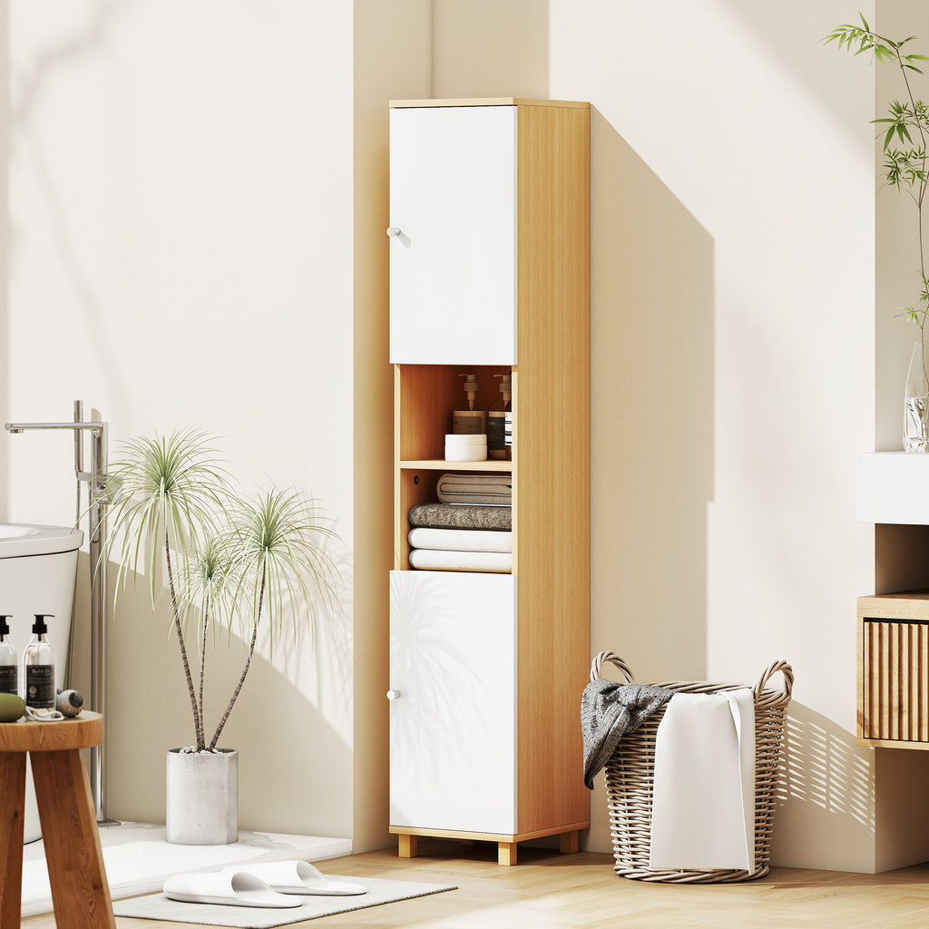 Bathroom Cabinet with 2 Cabinets and Open Shelves, Adjustable Internal Shelves, 30x30x166 cm, White and Wood