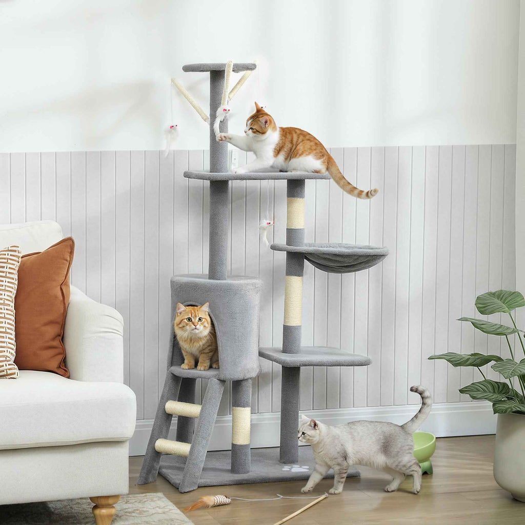 PawHut Cat Tower with House, Perch, Platforms and 4 Mice, Made of Wood, Plush and Sisal, 60x35x134 cm, Grey