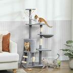 PawHut Cat Tower with House, Perch, Platforms and 4 Mice, Made of Wood, Plush and Sisal, 60x35x134 cm, Grey