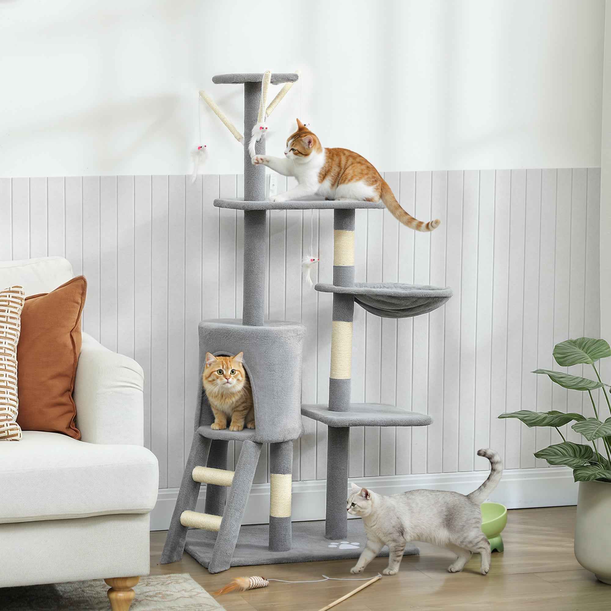 PawHut Cat Tower with House, Perch, Platforms and 4 Mice, Made of Wood, Plush and Sisal, 60x35x134 cm, Grey