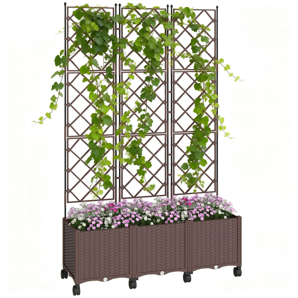 Outsunny 130L Raised Trellis Planter with Lockable Wheels and Self-Watering System, Brown
