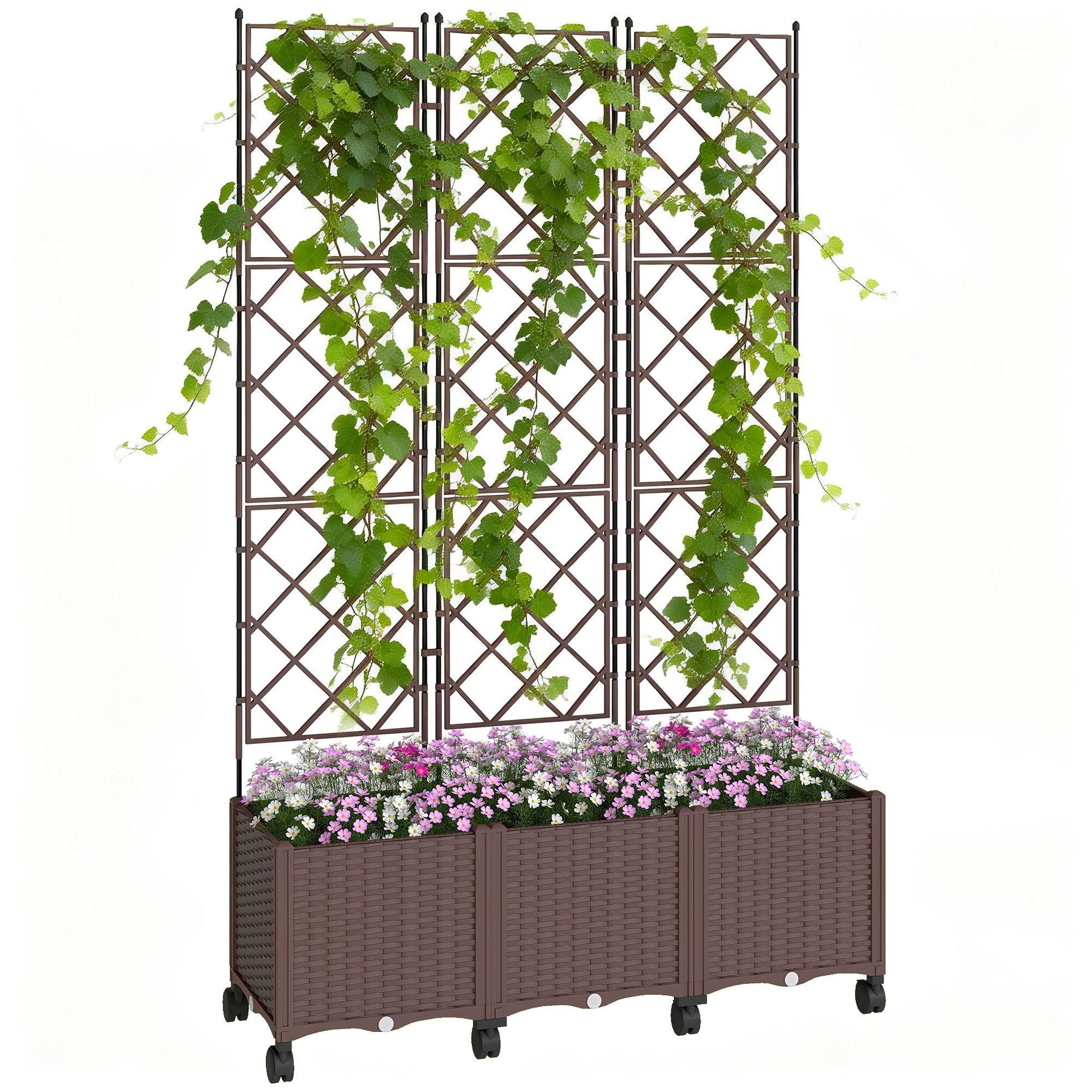 Outsunny 130L Raised Trellis Planter with Lockable Wheels and Self-Watering System, Brown