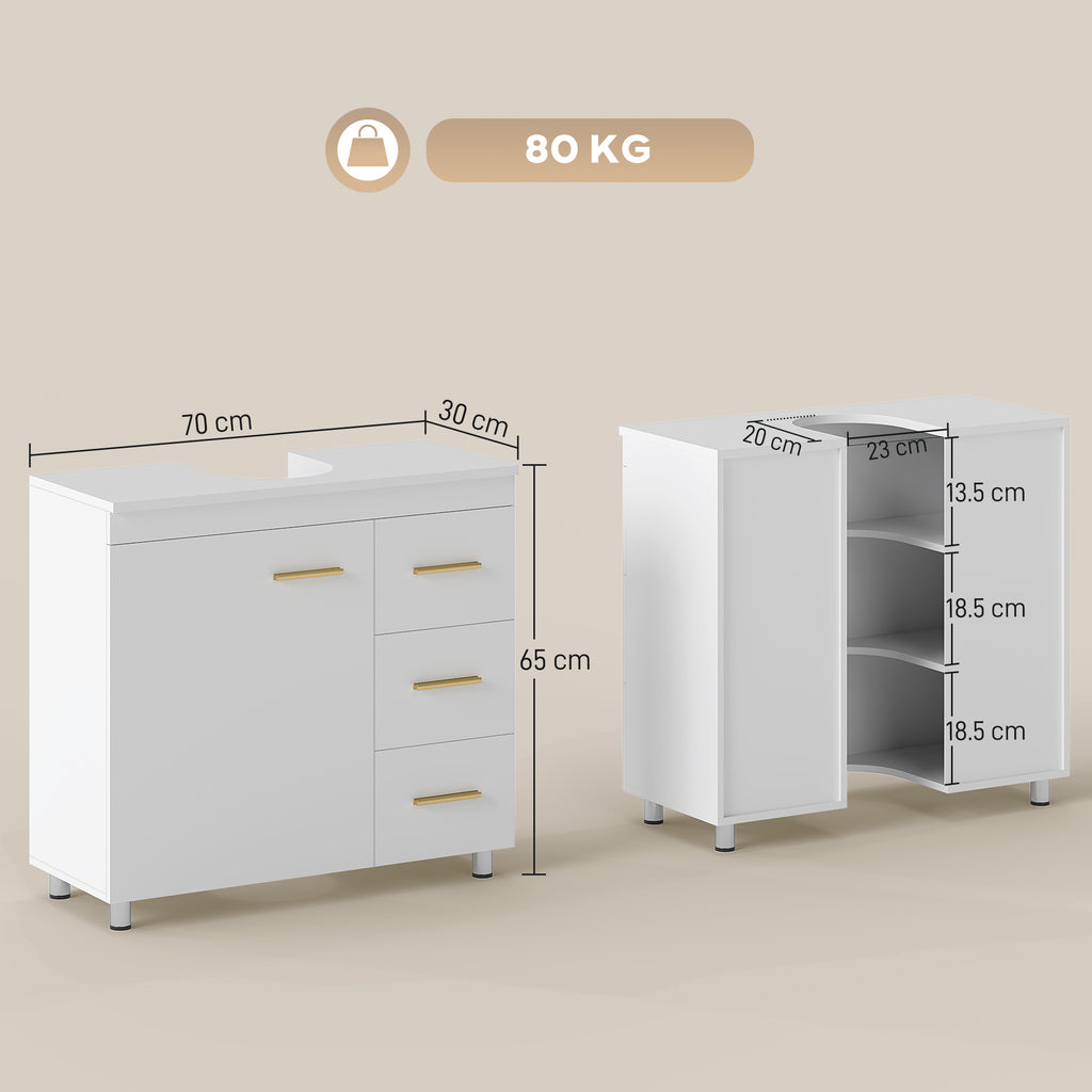Under Sink Cabinet with U-Shaped Cutout, Cabinet with 3 Drawers, Soft-Close, 70x30x65 cm, White