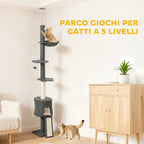 220-240cm High Ceiling Cat Tree with Hammock, House, Flower Platforms and Sisal Posts, Grey