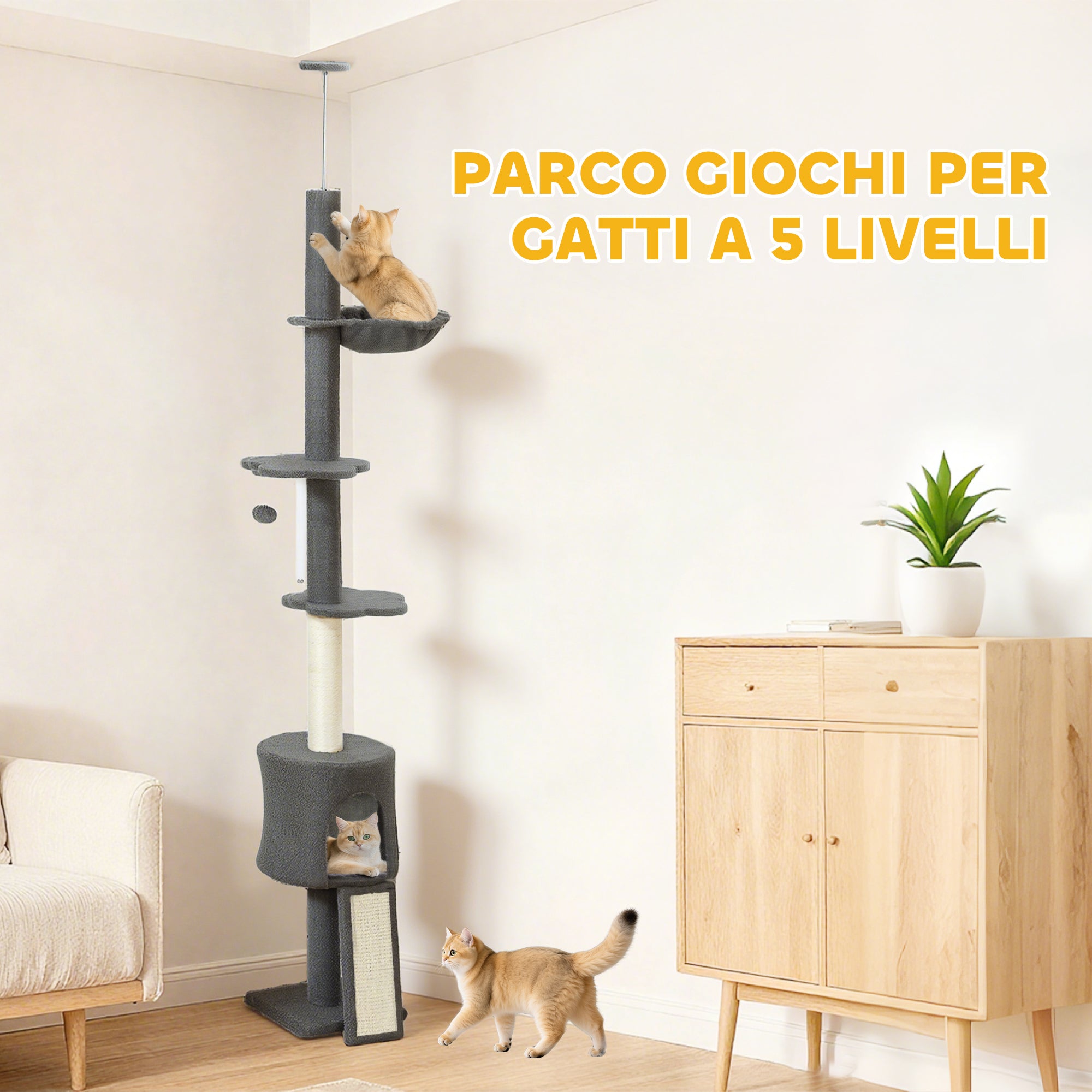 220-240cm High Ceiling Cat Tree with Hammock, House, Flower Platforms and Sisal Posts, Grey