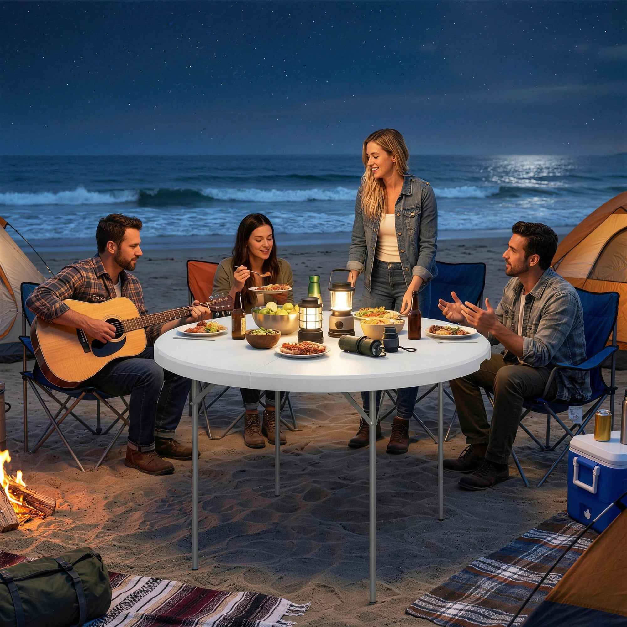 Outsunny Round Folding Camping Table in Metal and HDPE, 120x120x74 cm, White