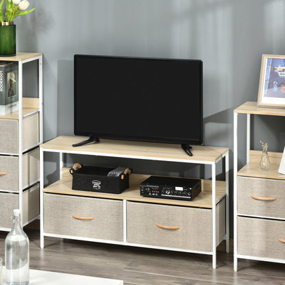 47" TV Stand with Folding Fabric Drawers and Metal and MDF Shelf, 98x29x56cm, Wood Color