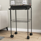 Bird Cage with Pedestal, Swivel Wheels, Shelf and Accessories, 46x36x120 cm, Black