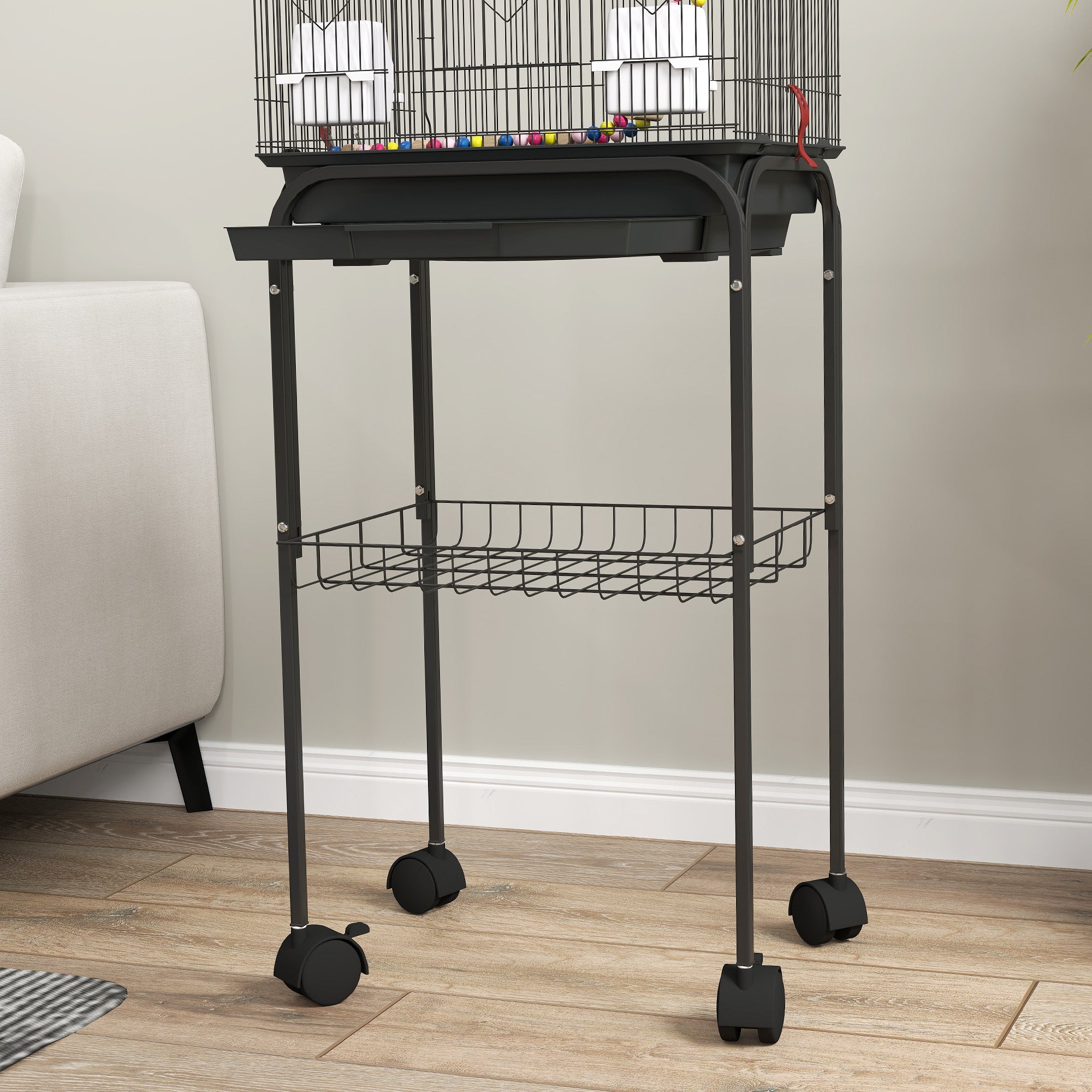Bird Cage with Pedestal, Swivel Wheels, Shelf and Accessories, 46x36x120 cm, Black