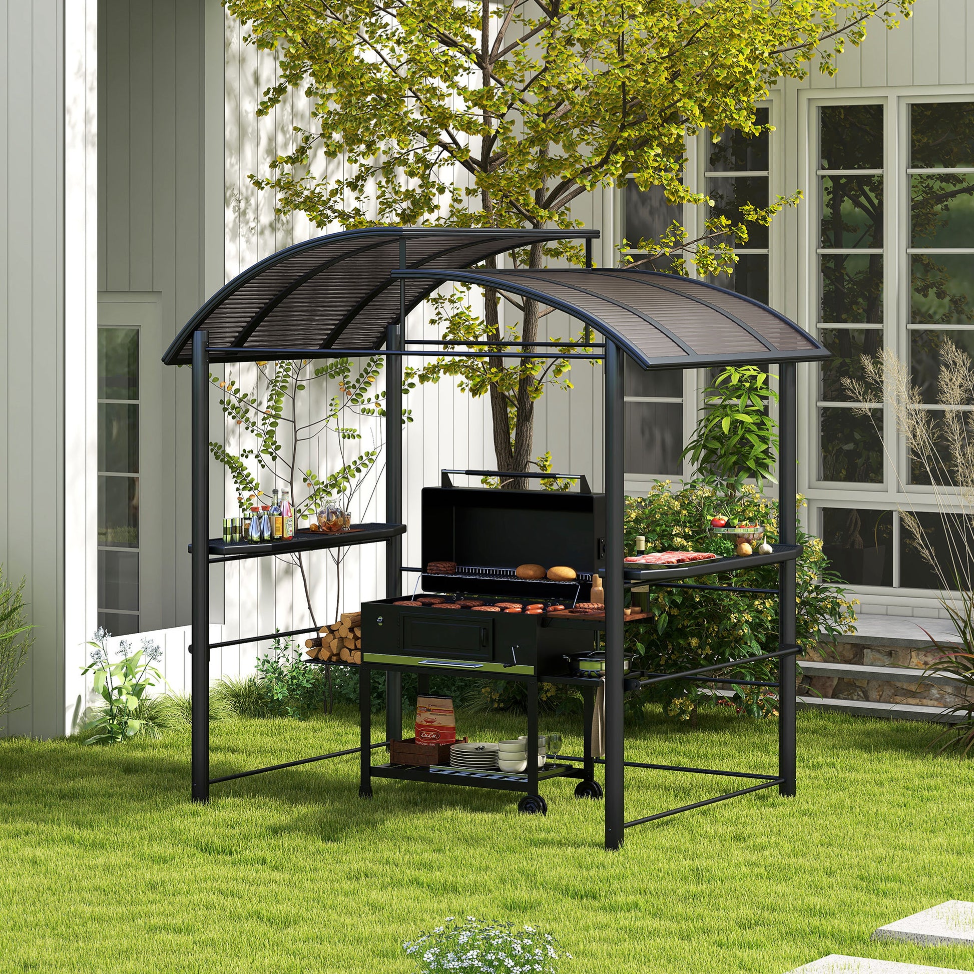 Outsunny Gazebo for Barbecue with Roof and 2 Storage Shelves, in Metal and PC, 240x150x230cm, Dark Gray - Borgè