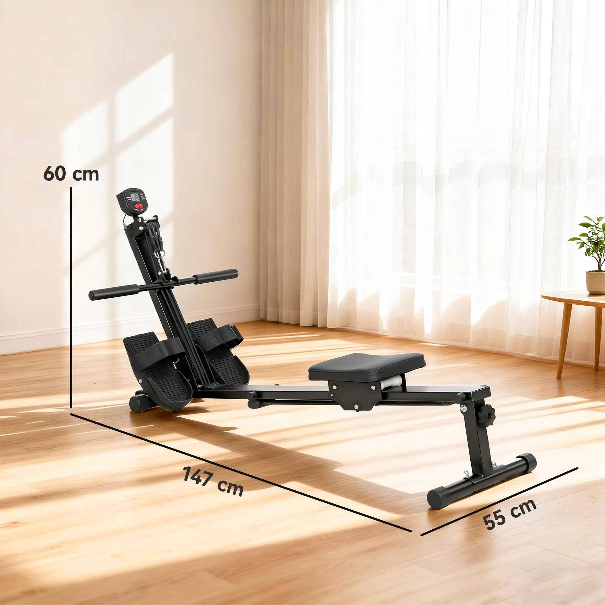 SPORTNOW Folding Rowing Machine with LCD Monitor and Padded Seat, Elastic Resistance, 150 kg Capacity