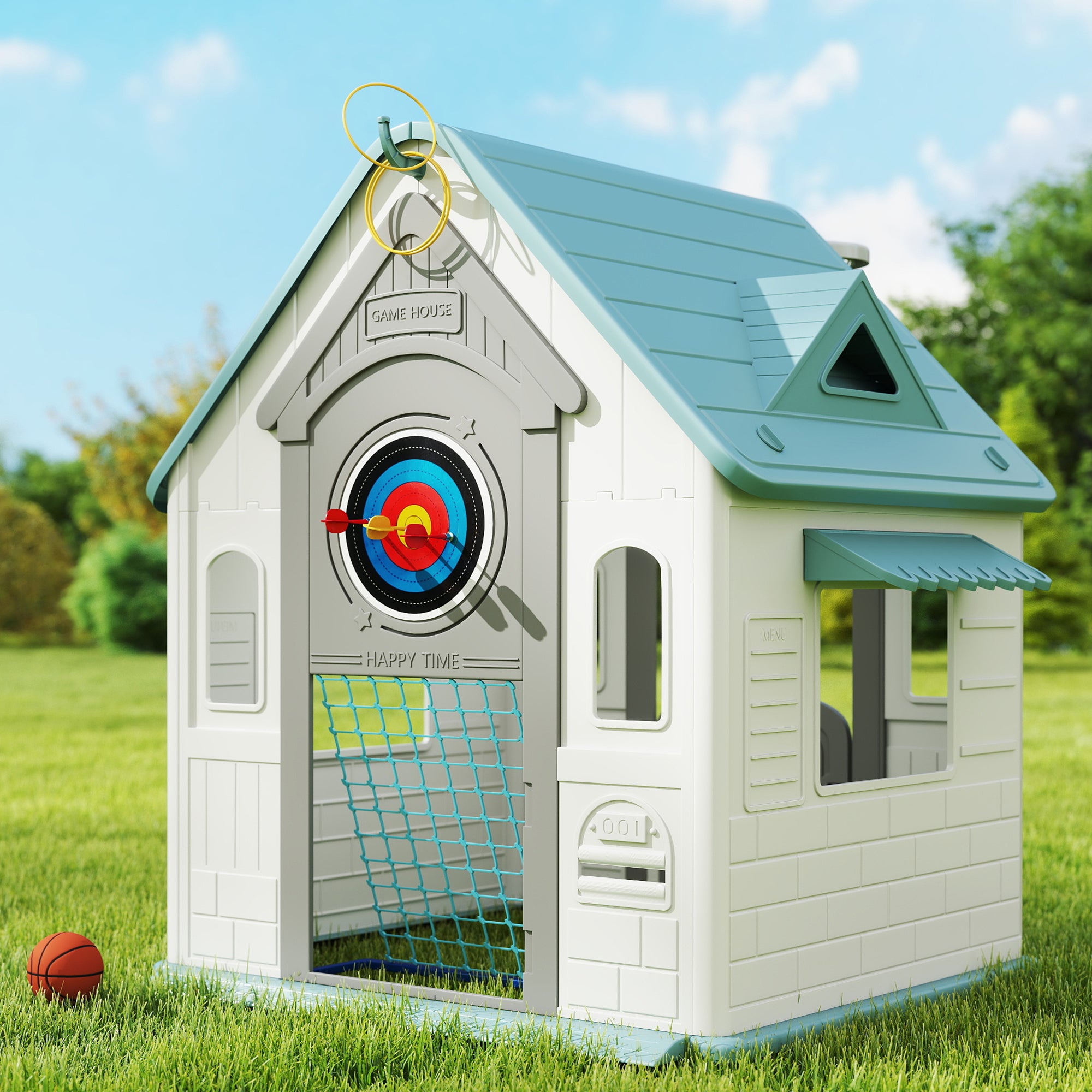 5-in-1 Children's Playhouse in Multi-Color PP with Basketball, Rings and Darts, 132x118x124 cm