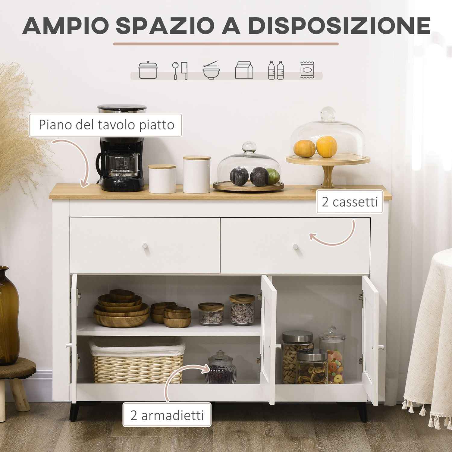 HOMCOM Wooden Buffet Sideboard with 2 Drawers and 2 Cabinets, 117x35x80 cm, White and Wood Color
