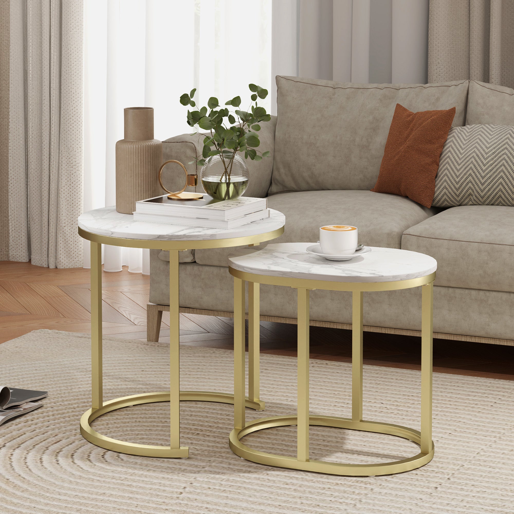 Set of 2 Coffee Tables with Marble Effect Top, in Wood and Steel, Ø50x50.5 cm and 60x36x43.5 cm, White