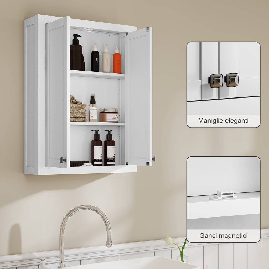 Wall-Mounted Wooden Bathroom Cabinet with 2 Adjustable Shelves on 3 Levels, 61x20x84 cm, White
