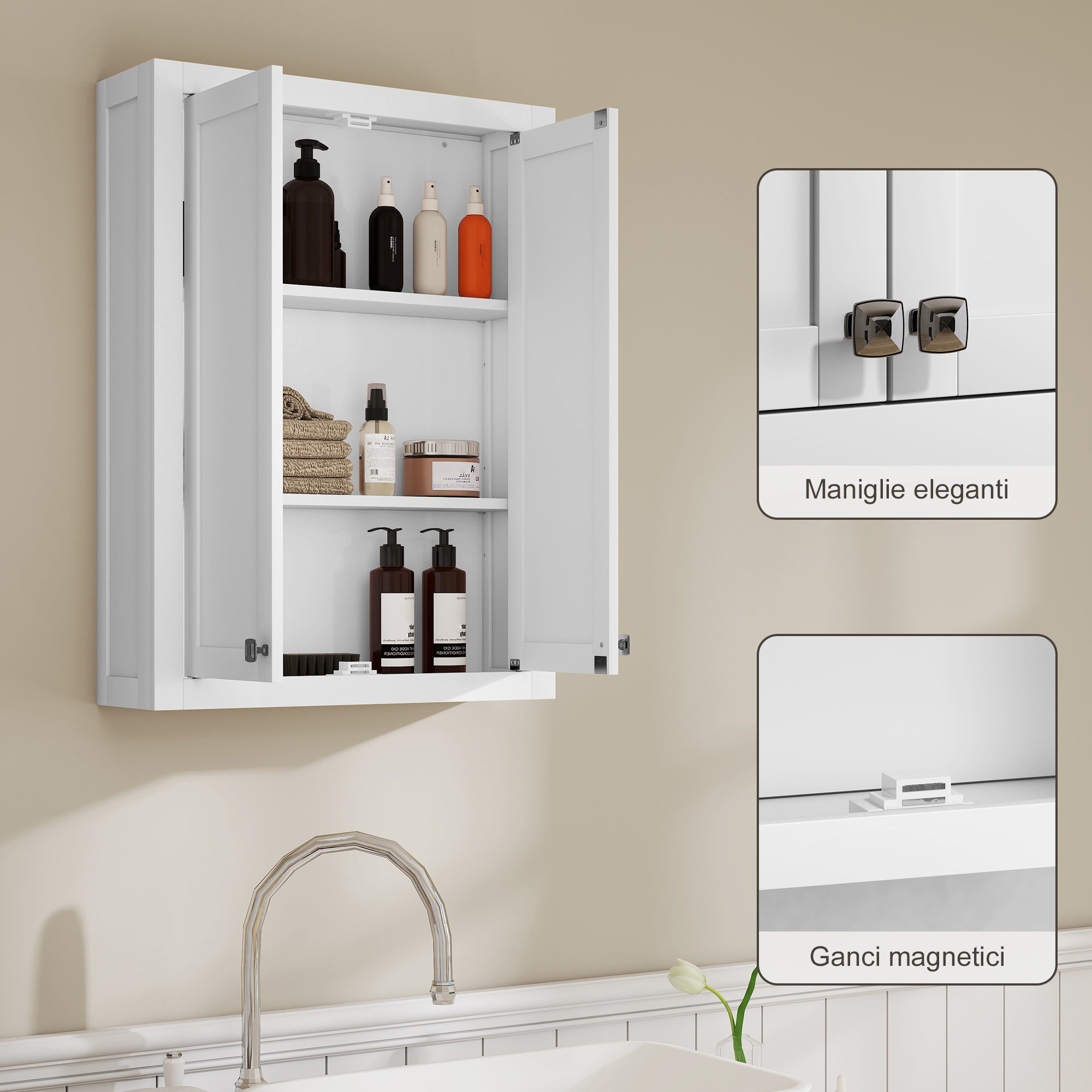 Wall-Mounted Wooden Bathroom Cabinet with 2 Adjustable Shelves on 3 Levels, 61x20x84 cm, White