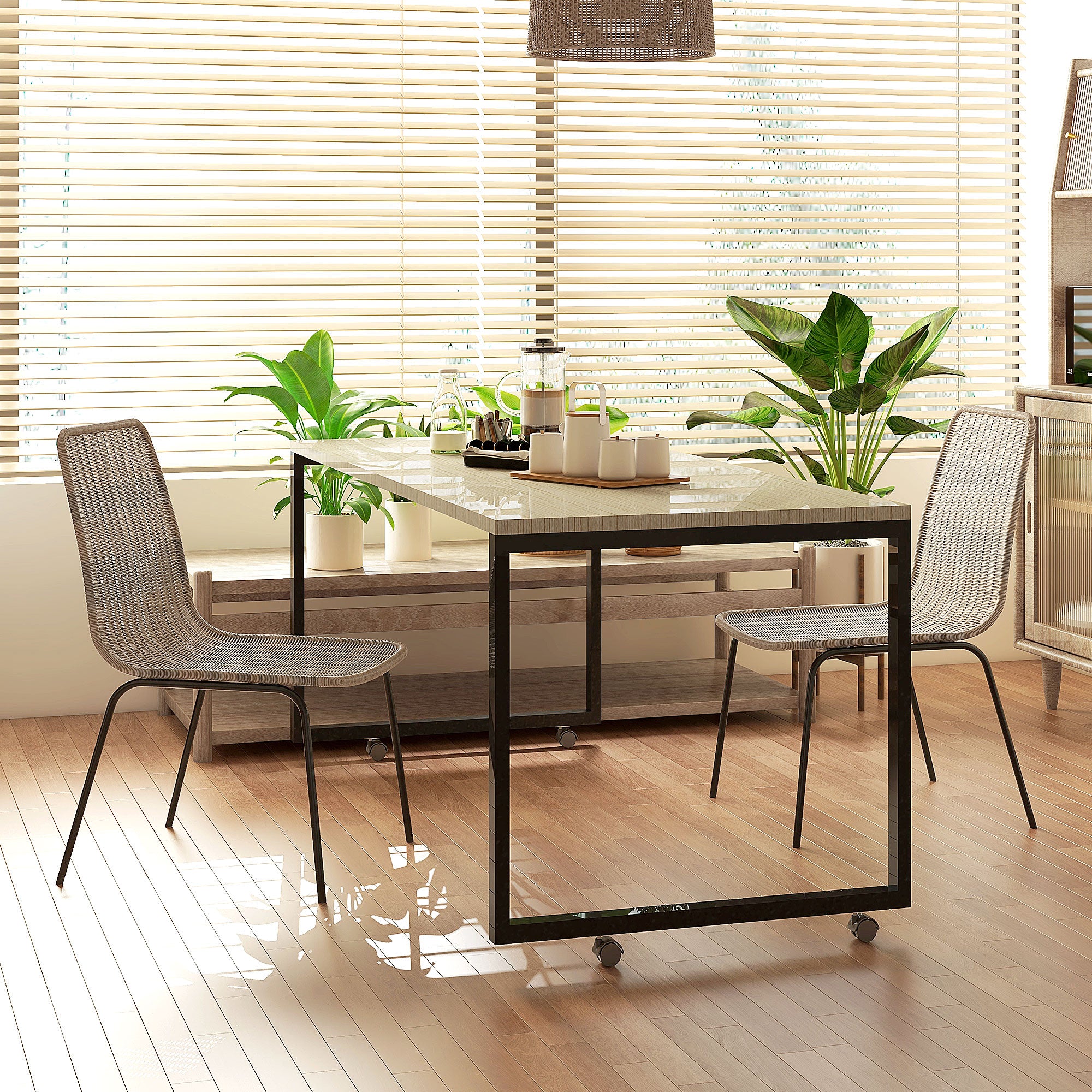 HOMCOM Set of 2 Boho Chic Style Dining Chairs with Low Back and PE Rattan Covering, Yellow - Borgè