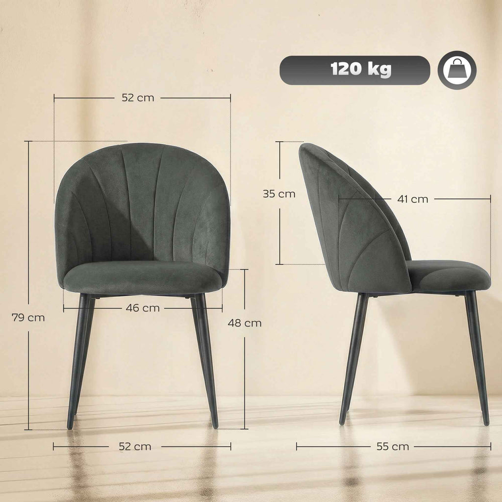 Set of 2 Upholstered Dining Chairs with Shell Backrest in Velvet, 52x55x79 cm, Grey