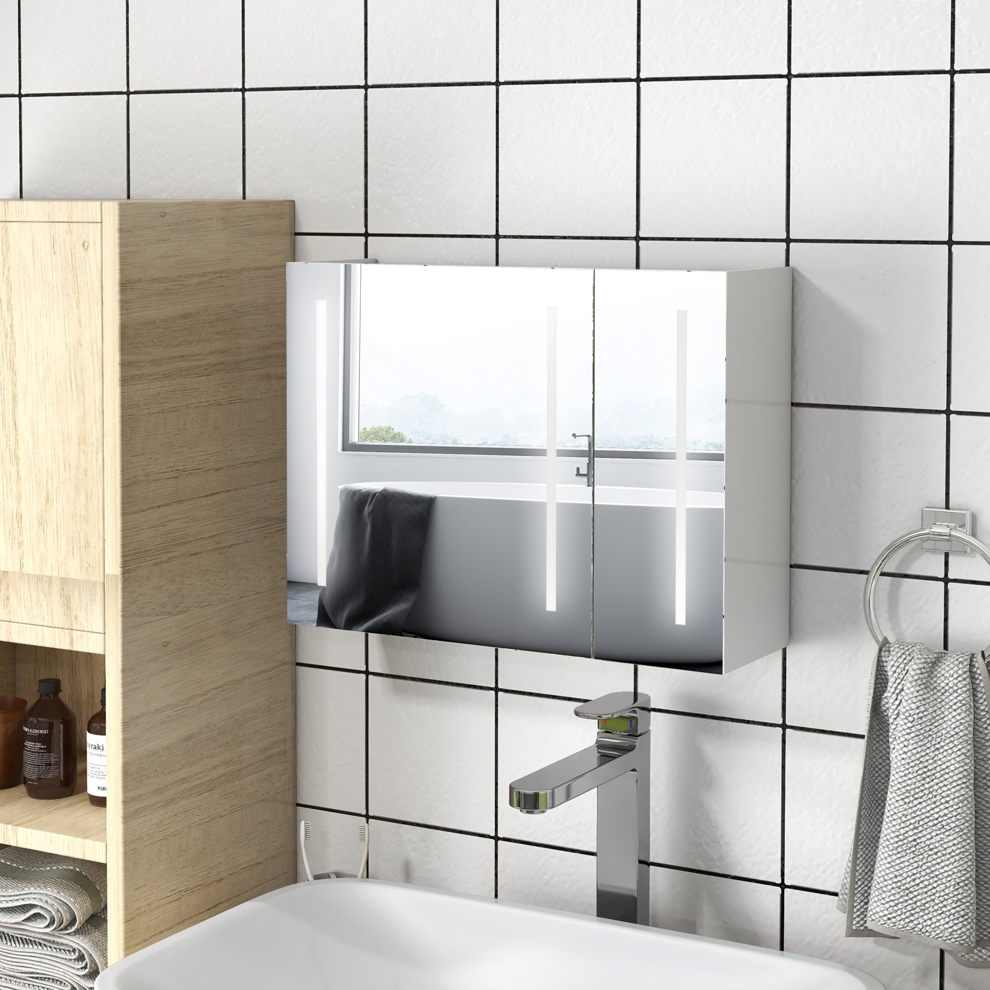 Kleankin Condition with mirror with adjustable shelves and 3 -colored LED lights, in MDF and glass, 90x15x70 cm, white - Borgè