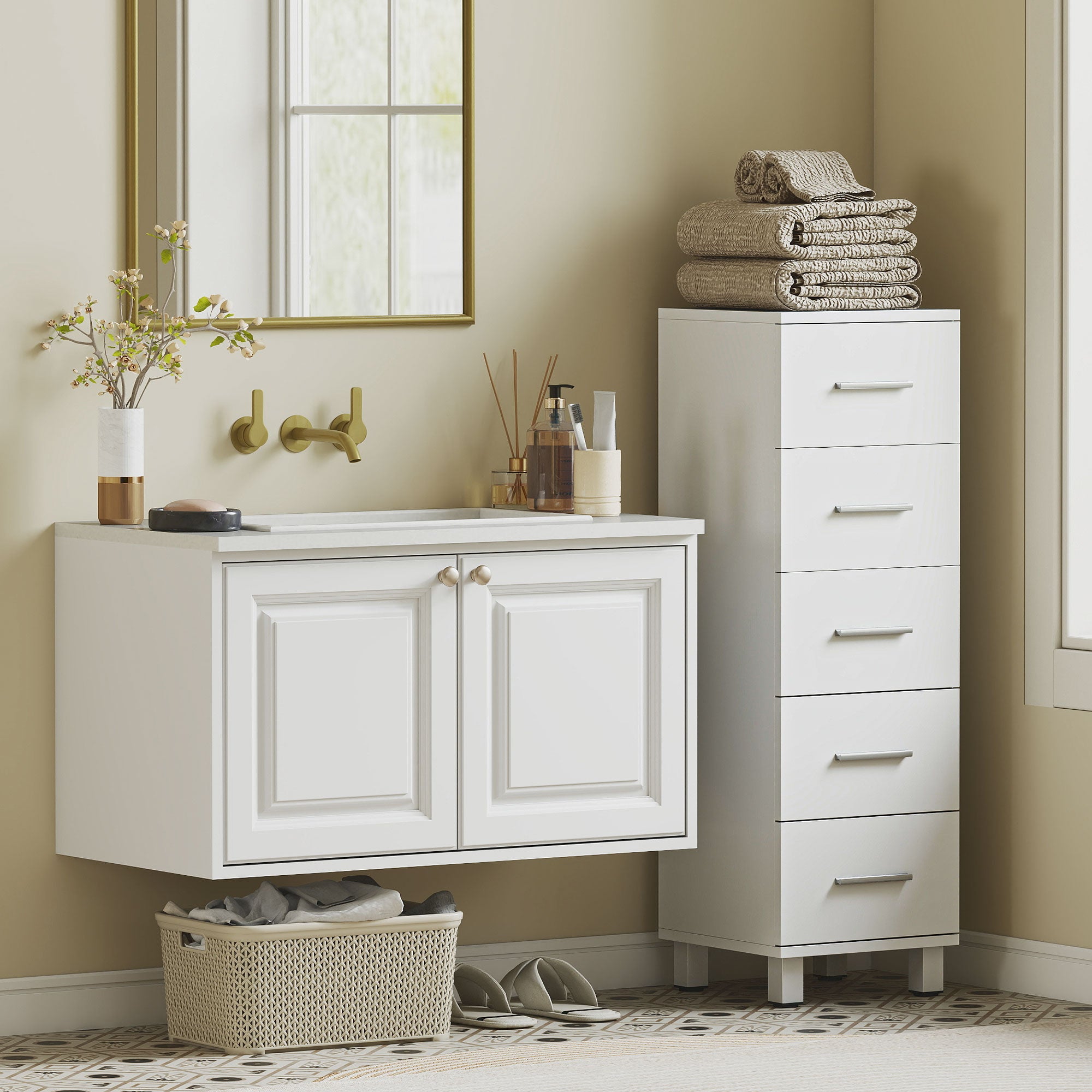 5-Drawer Chest of Drawers for Bedroom and Living Room, FSC Wood, 30x30x95 cm, White