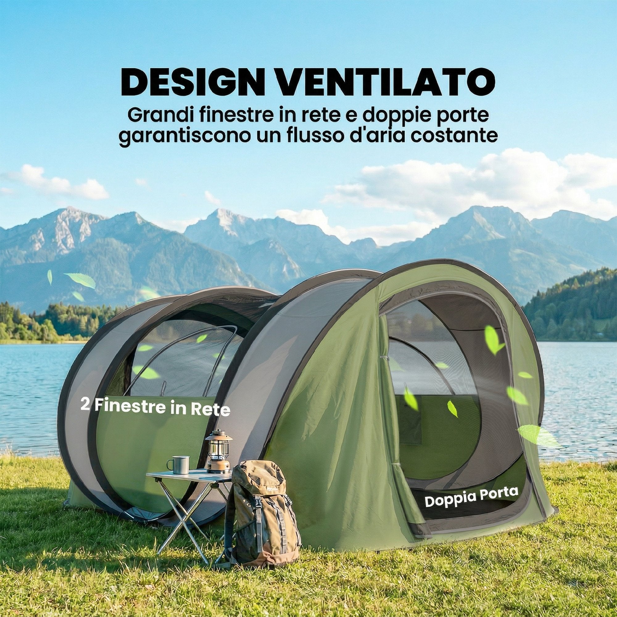 Outsunny Pop-Up Camping Tent for 2-3 People, 2 Doors, 2 Windows, Waterproof, Green