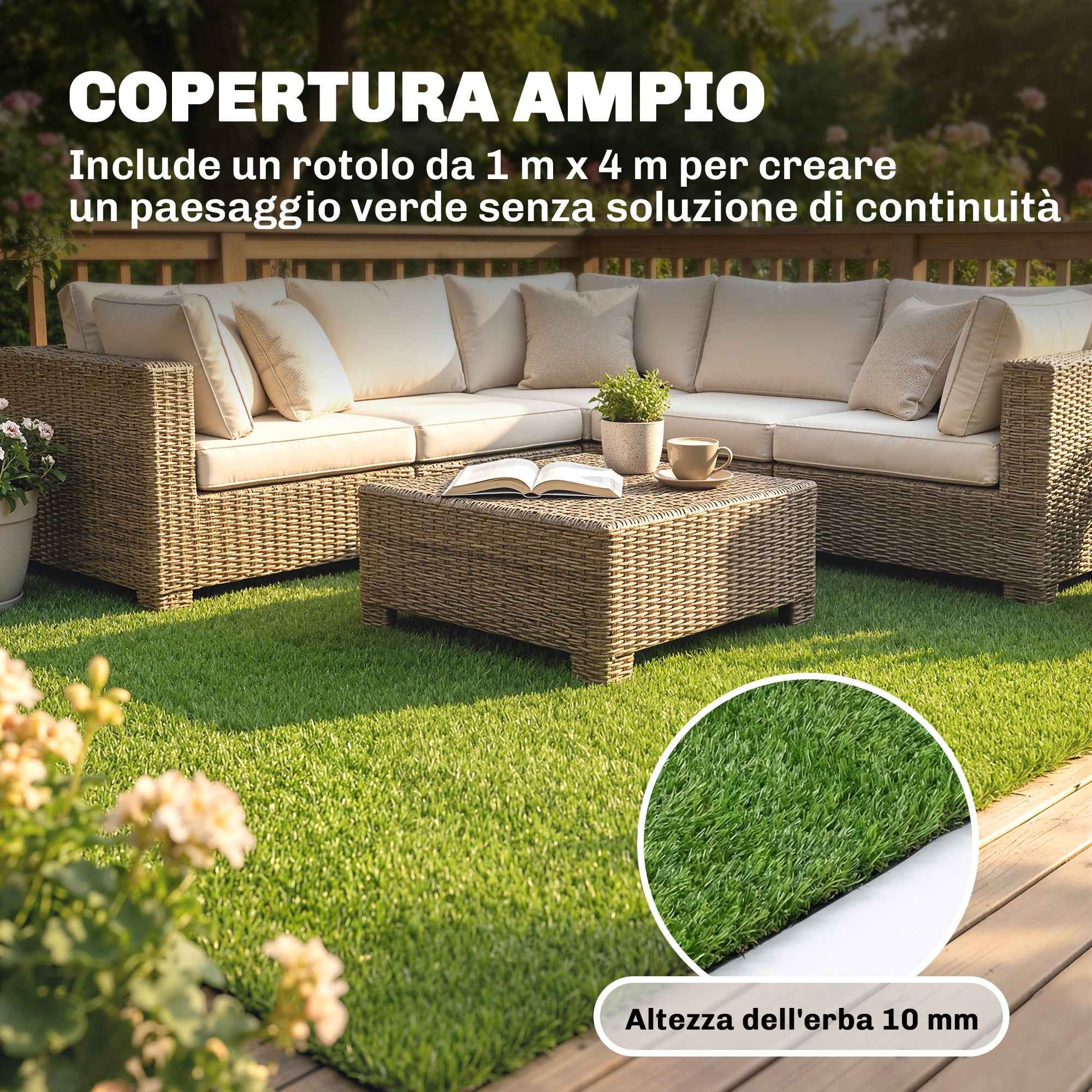 Outsunny Artificial Grass 1m x 4m, Synthetic Carpet with 10mm Height, Draining, Green